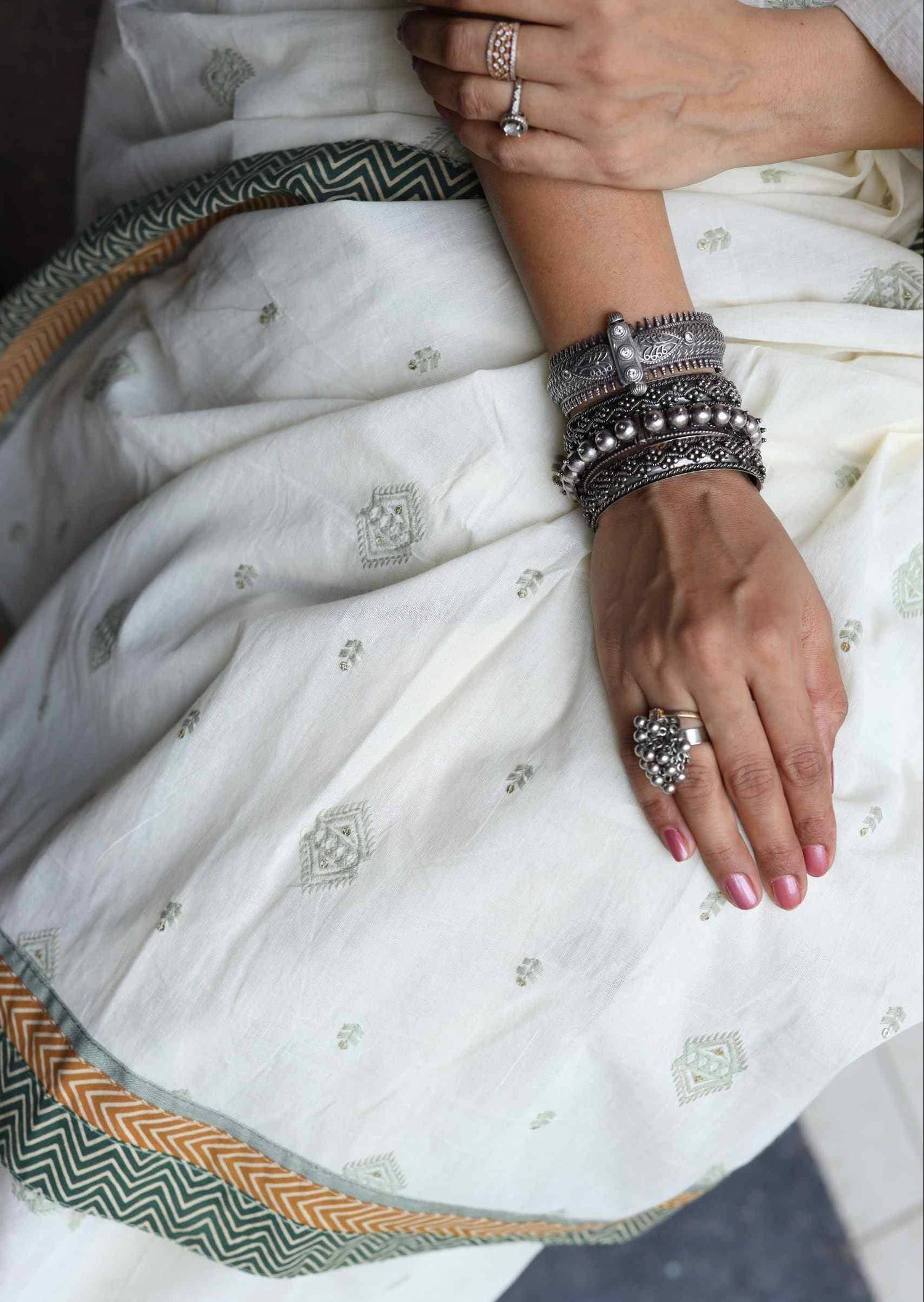 Buy Ivory Embroidered Saree with Patchwork | Godhuli