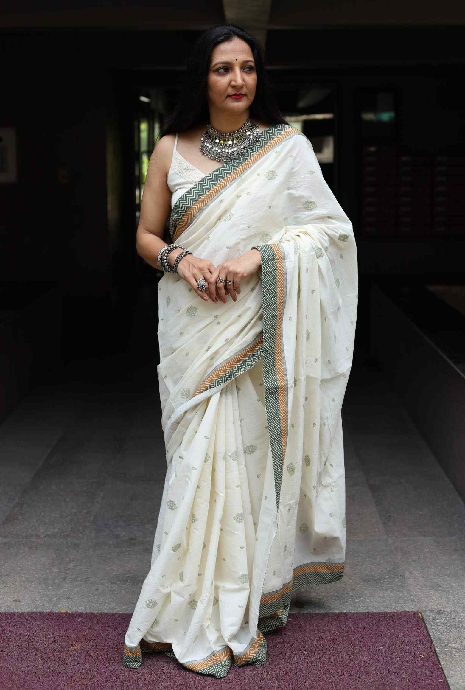 Buy Ivory Embroidered Saree with Patchwork | Godhuli