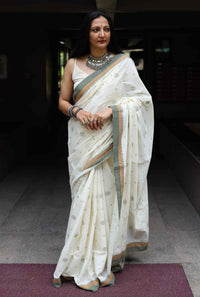 Buy Ivory Embroidered Saree with Patchwork | Godhuli