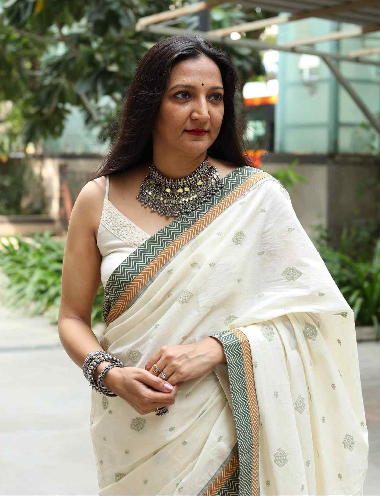 Buy Ivory Embroidered Saree with Patchwork | Godhuli