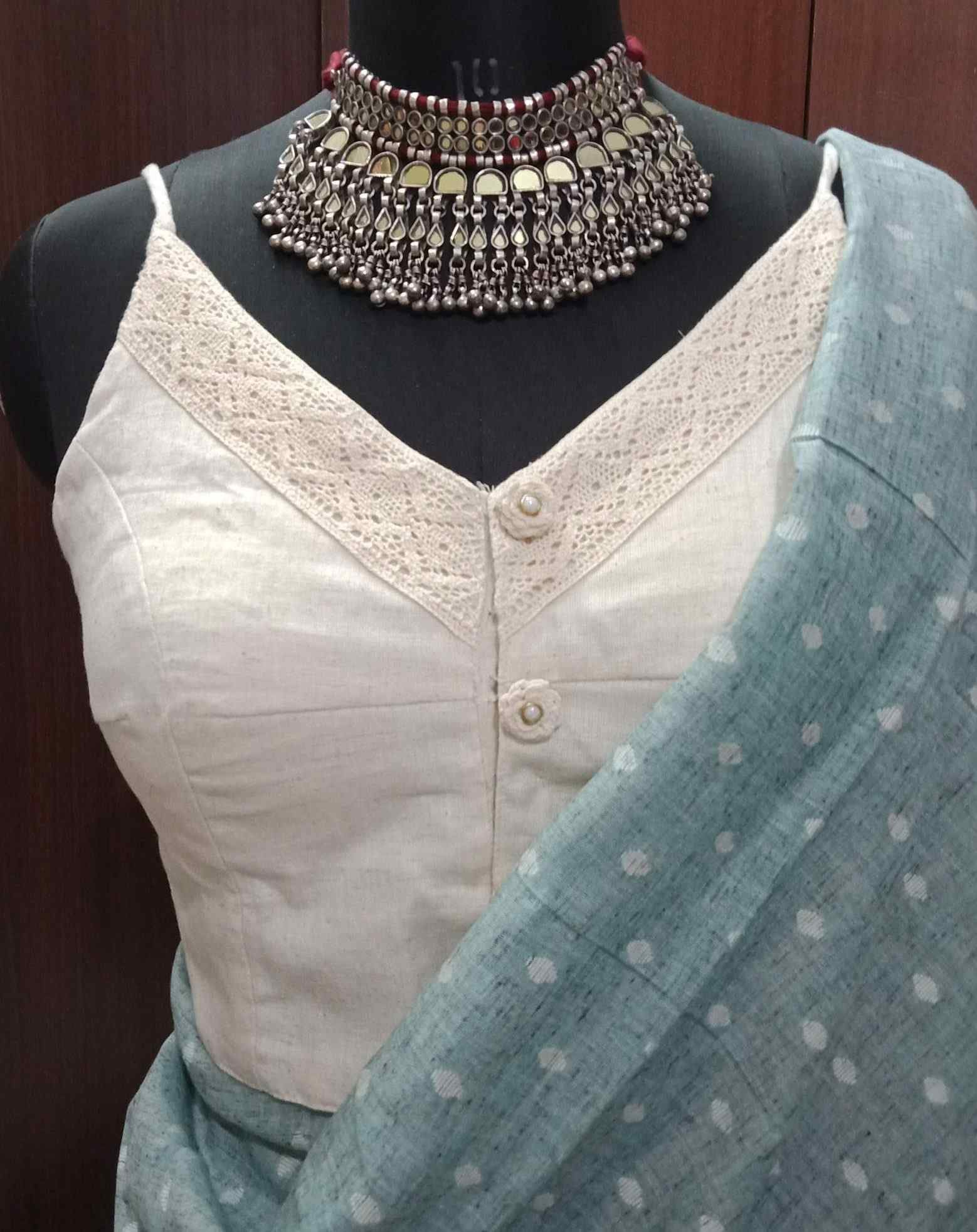 Ivory Spaghetti V-Neck Readymade Blouse | Godhuli