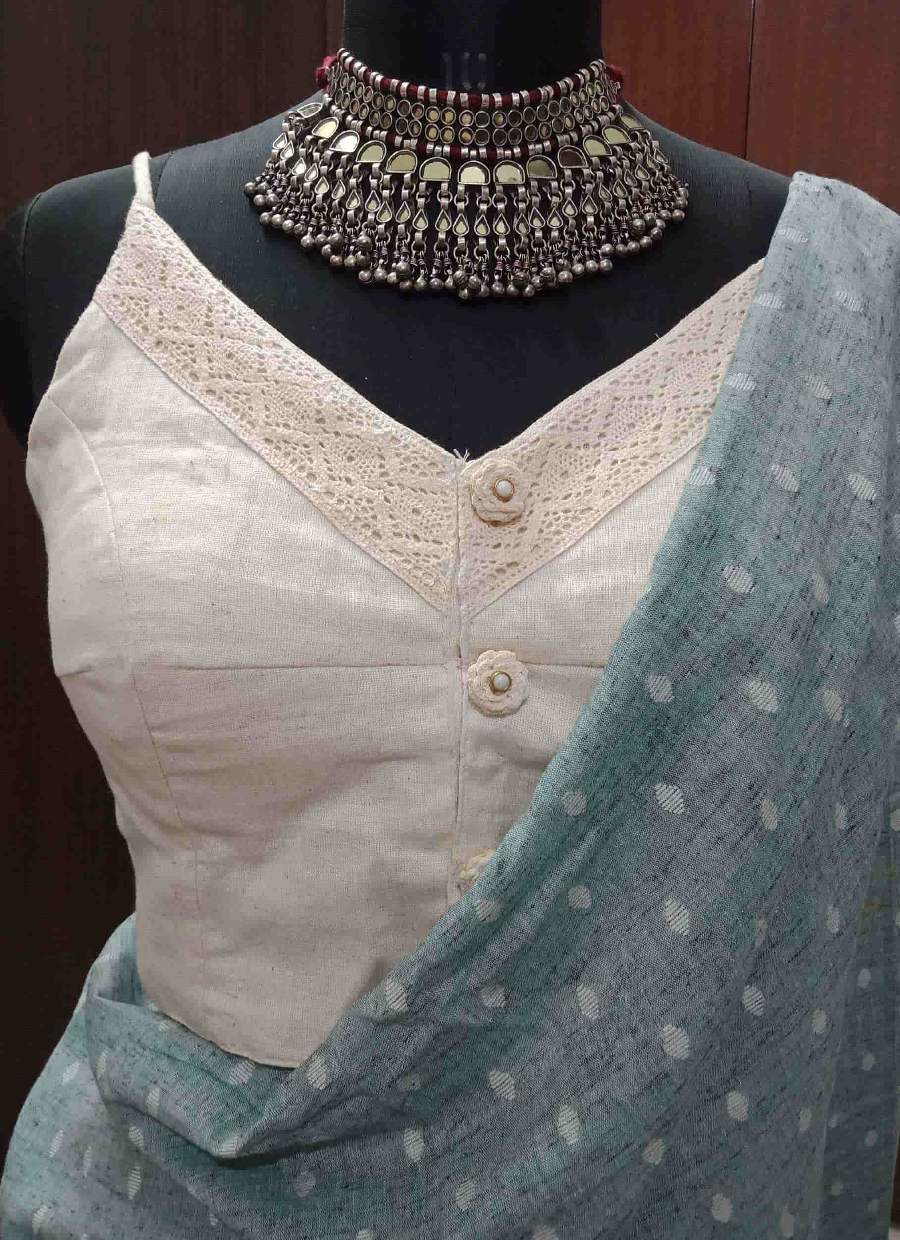 Ivory Spaghetti V-Neck Readymade Blouse | Godhuli
