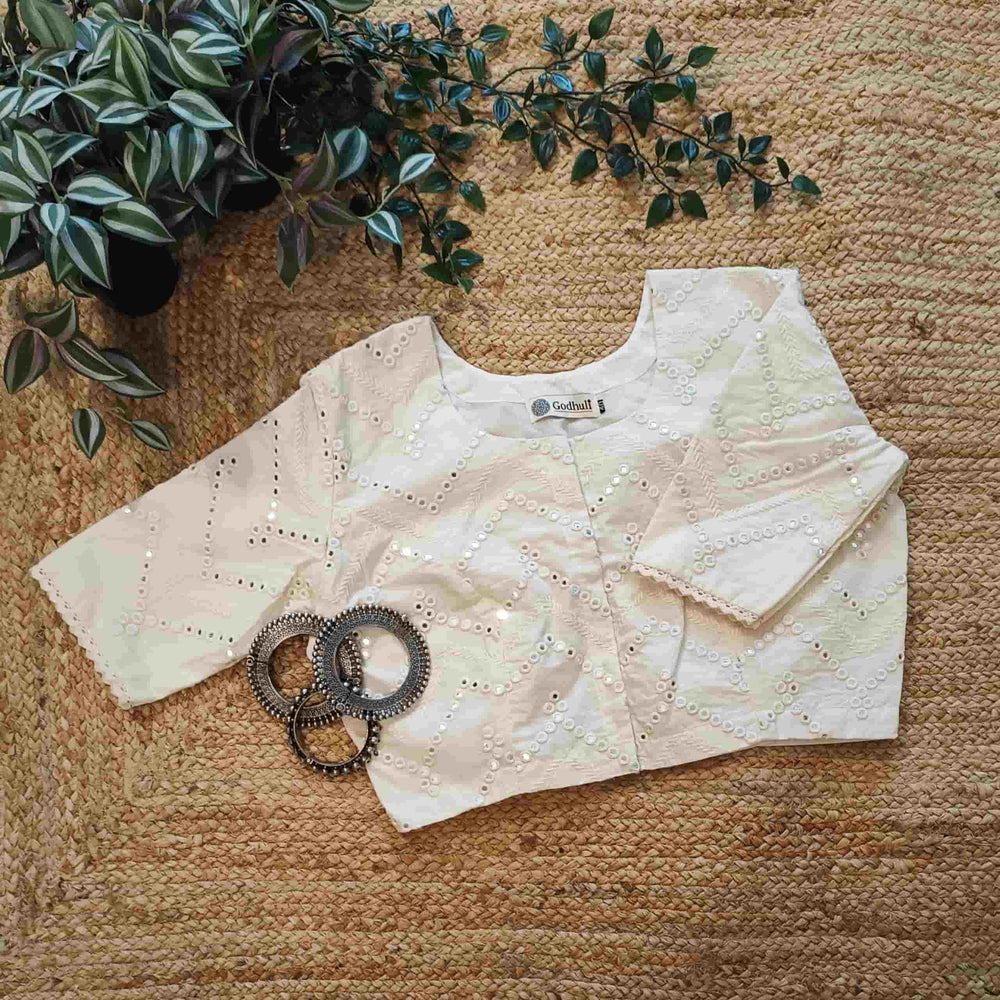 Ivory Mirrorwork Readymade Blouse | Godhuli