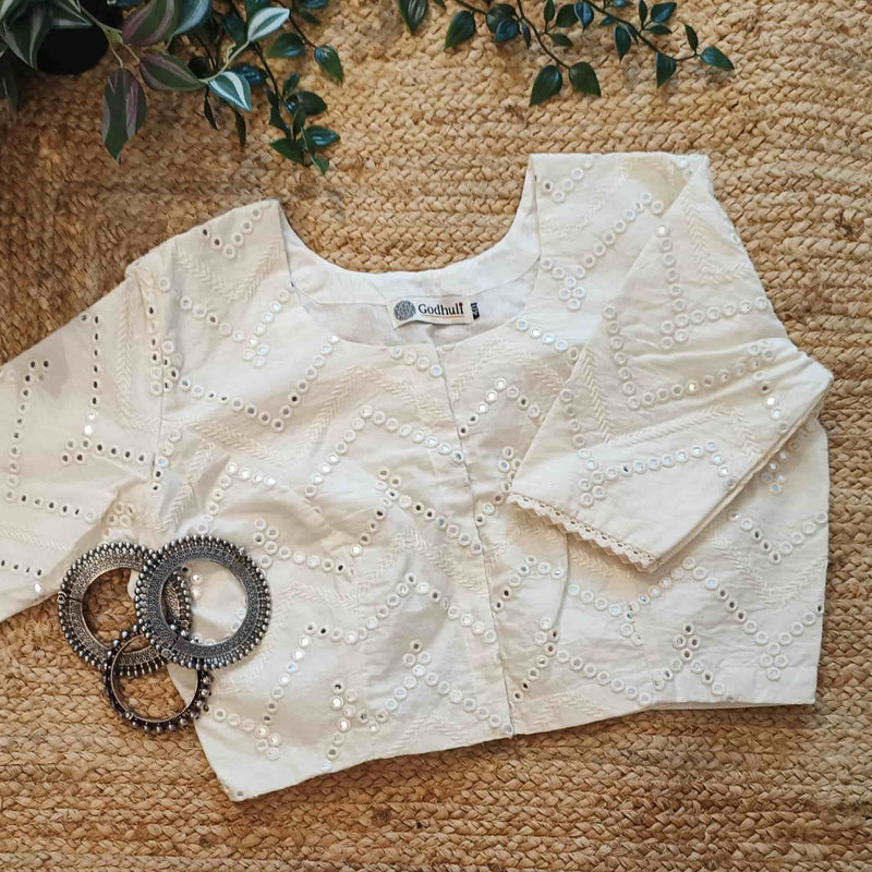 Ivory Mirrorwork Readymade Blouse | Godhuli