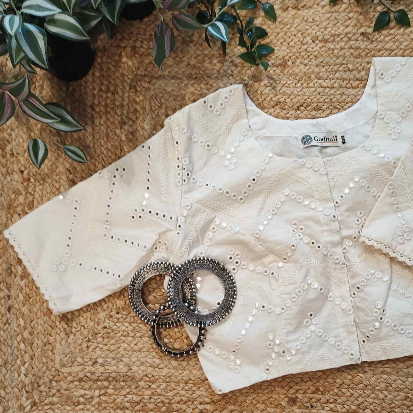 Ivory Mirrorwork Readymade Blouse | Godhuli
