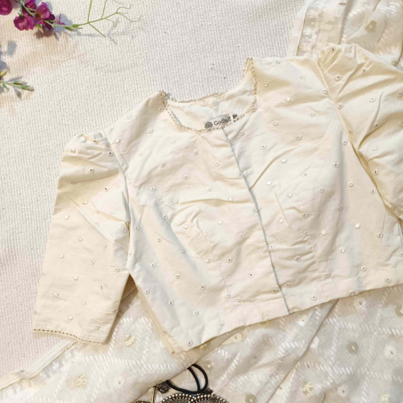 Ivory Mirrorwork Bengali Sleeves Readymade Blouse | Godhuli