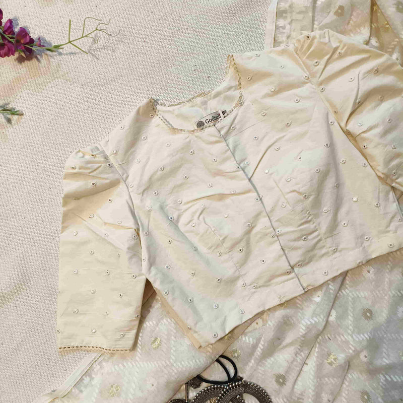 Ivory Mirrorwork Bengali Sleeves Readymade Blouse | Godhuli