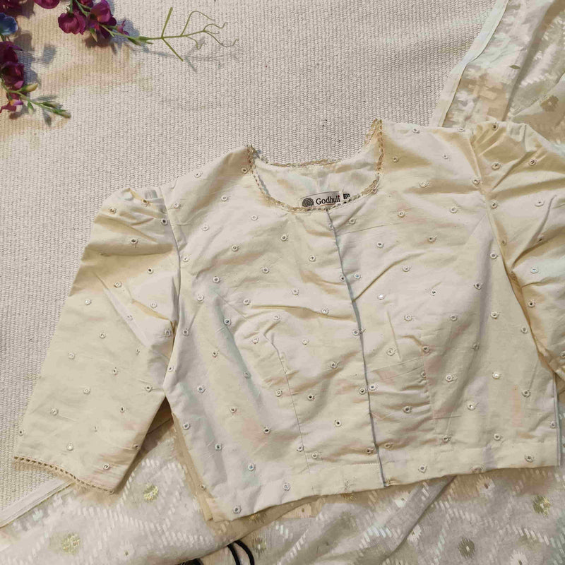 Ivory Mirrorwork Bengali Sleeves Readymade Blouse | Godhuli