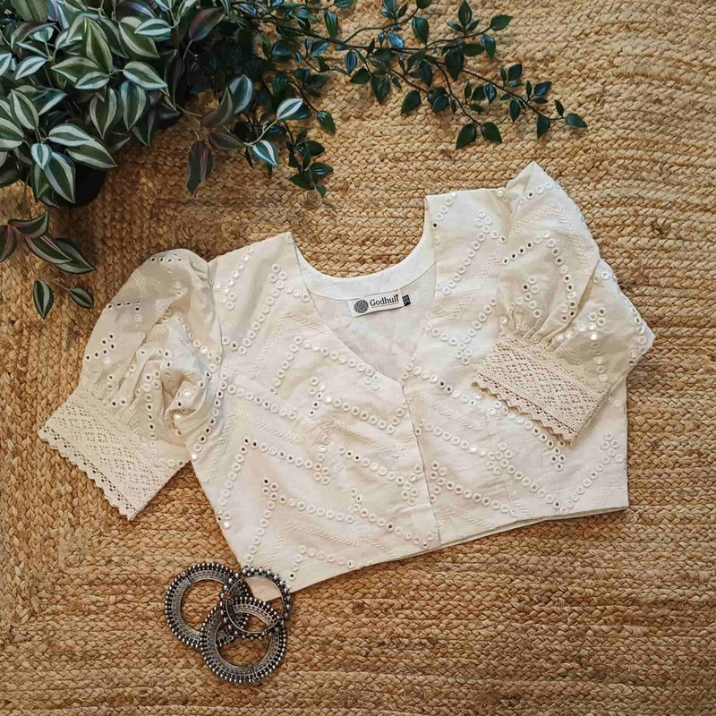 Ivory Mirrorwork Readymade Blouse with Puff Sleeves | Godhuli