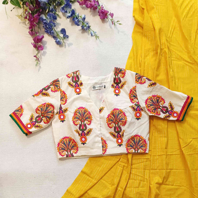 Ivory Multicolour Embroidery Readymade Blouse | Godhuli