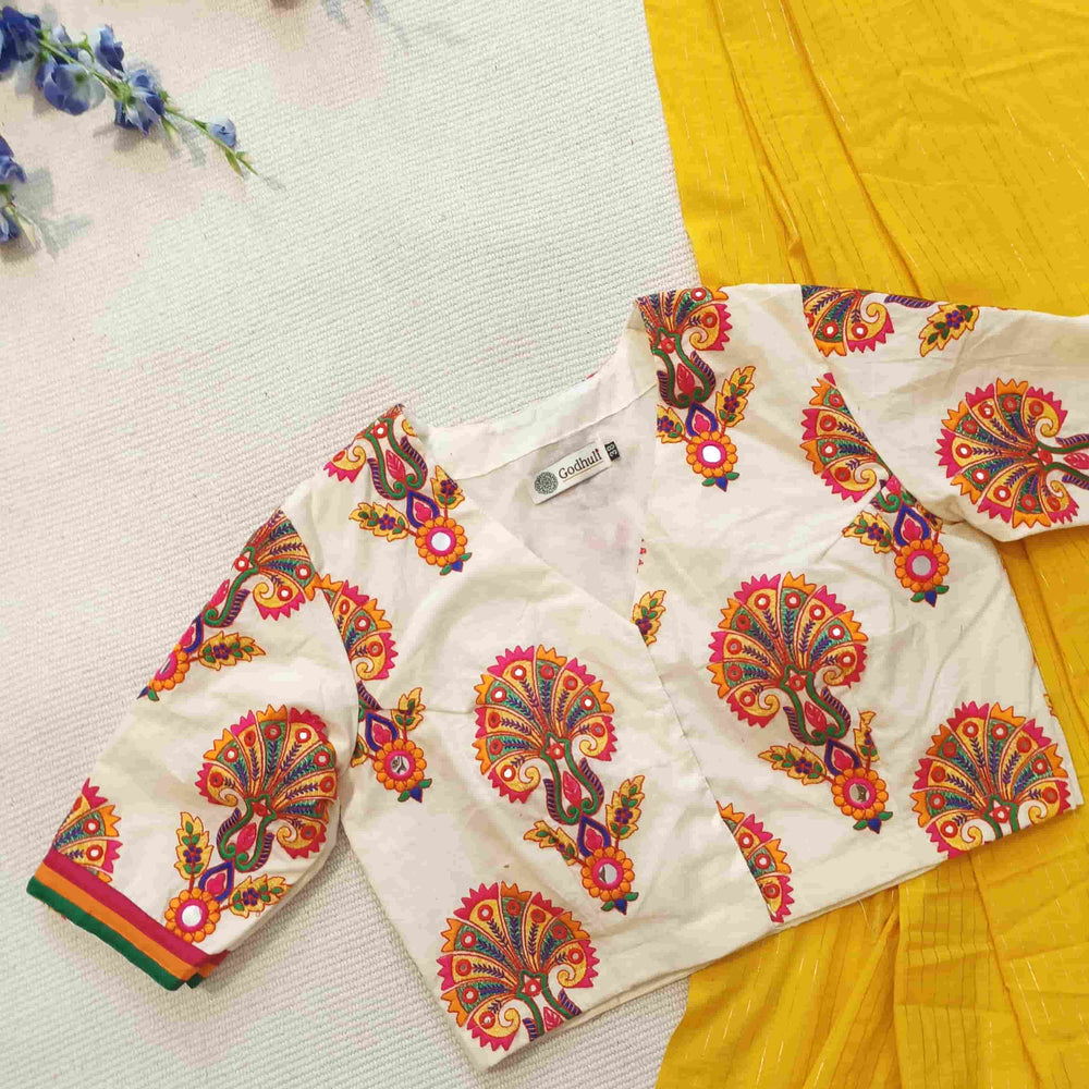 Ivory Multicolour Embroidery Readymade Blouse | Godhuli