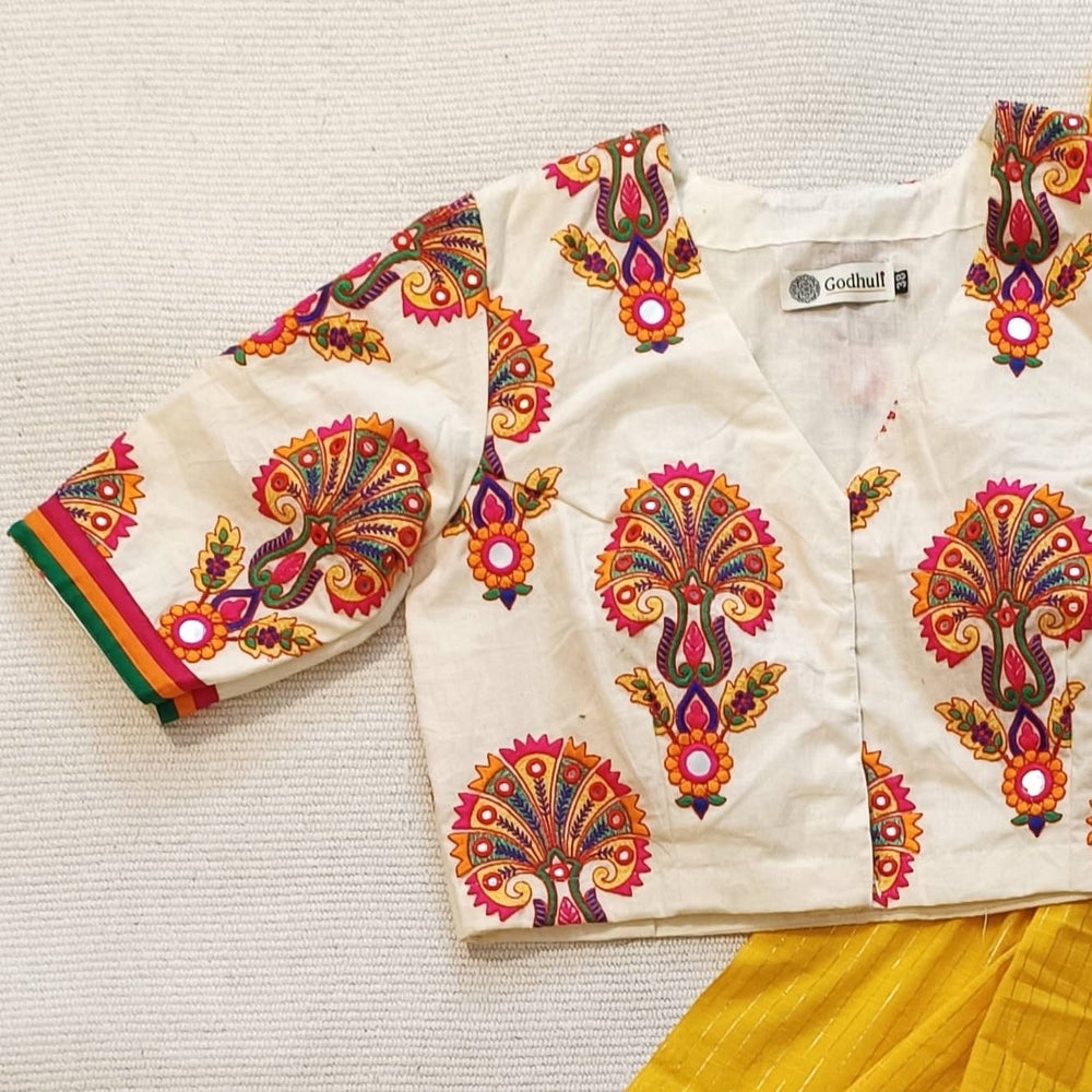Ivory Multicolour Embroidery Readymade Blouse | Godhuli
