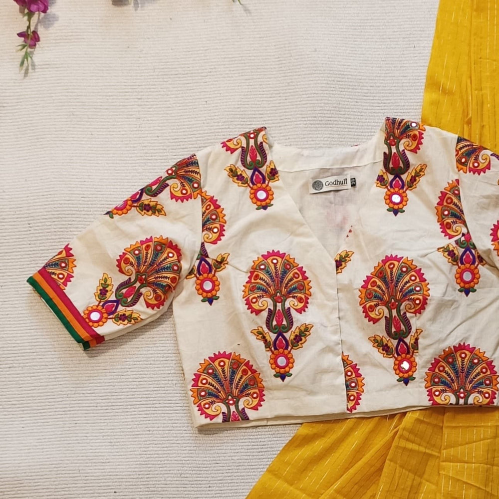Ivory Multicolour Embroidery Readymade Blouse | Godhuli