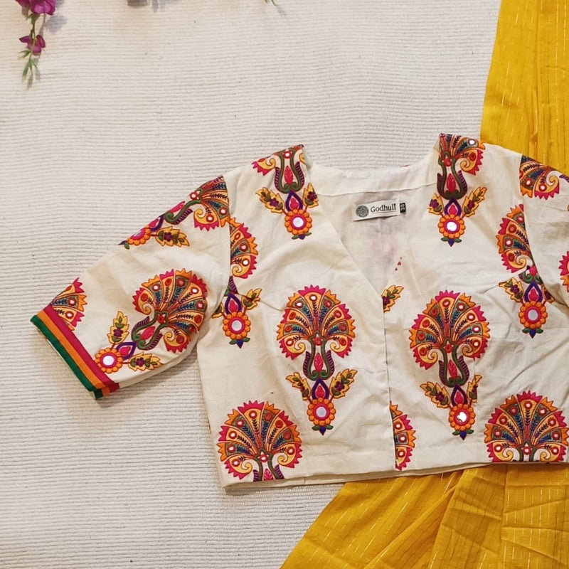 Ivory Multicolour Embroidery Readymade Blouse | Godhuli