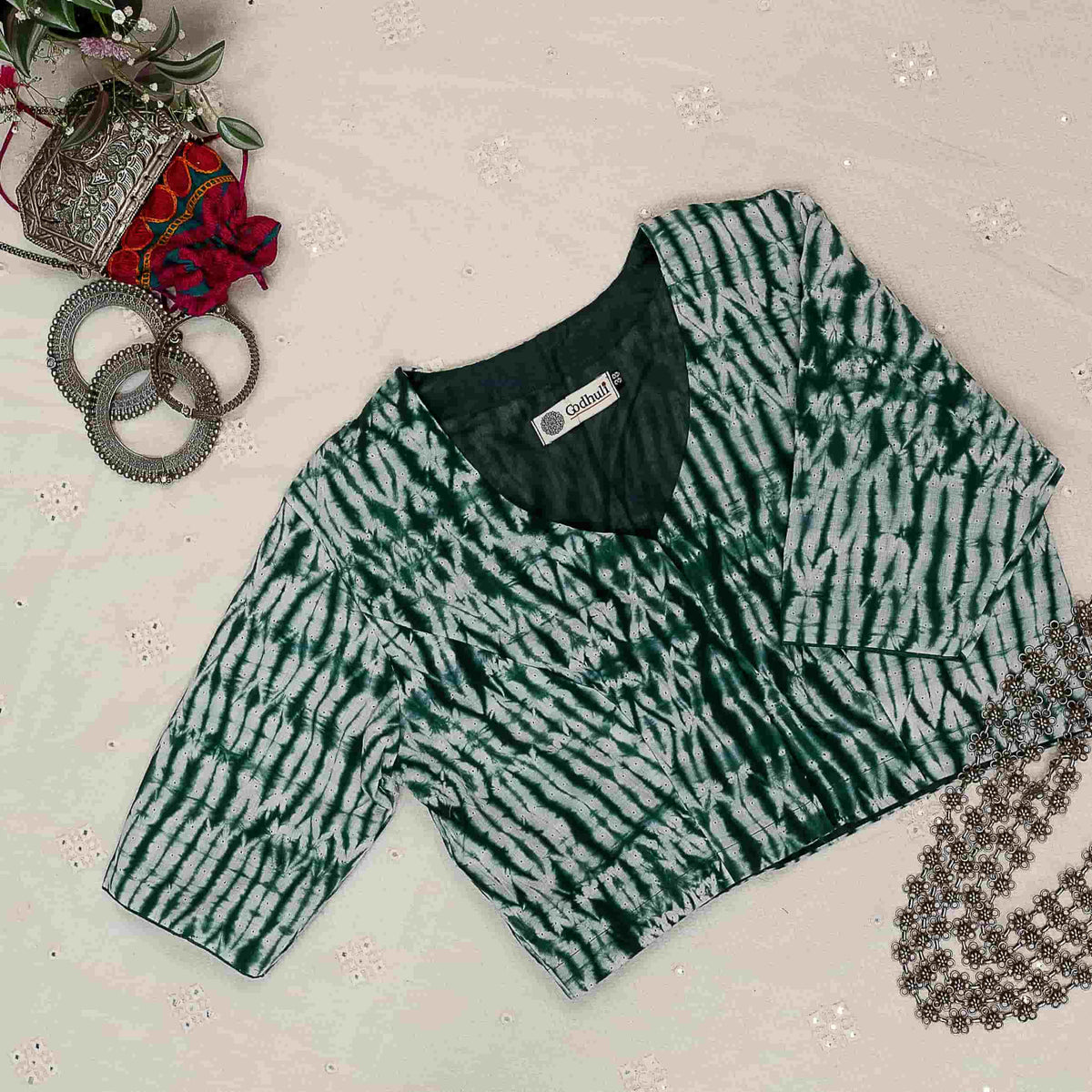 Buy Green Shibori Blouse | Godhuli