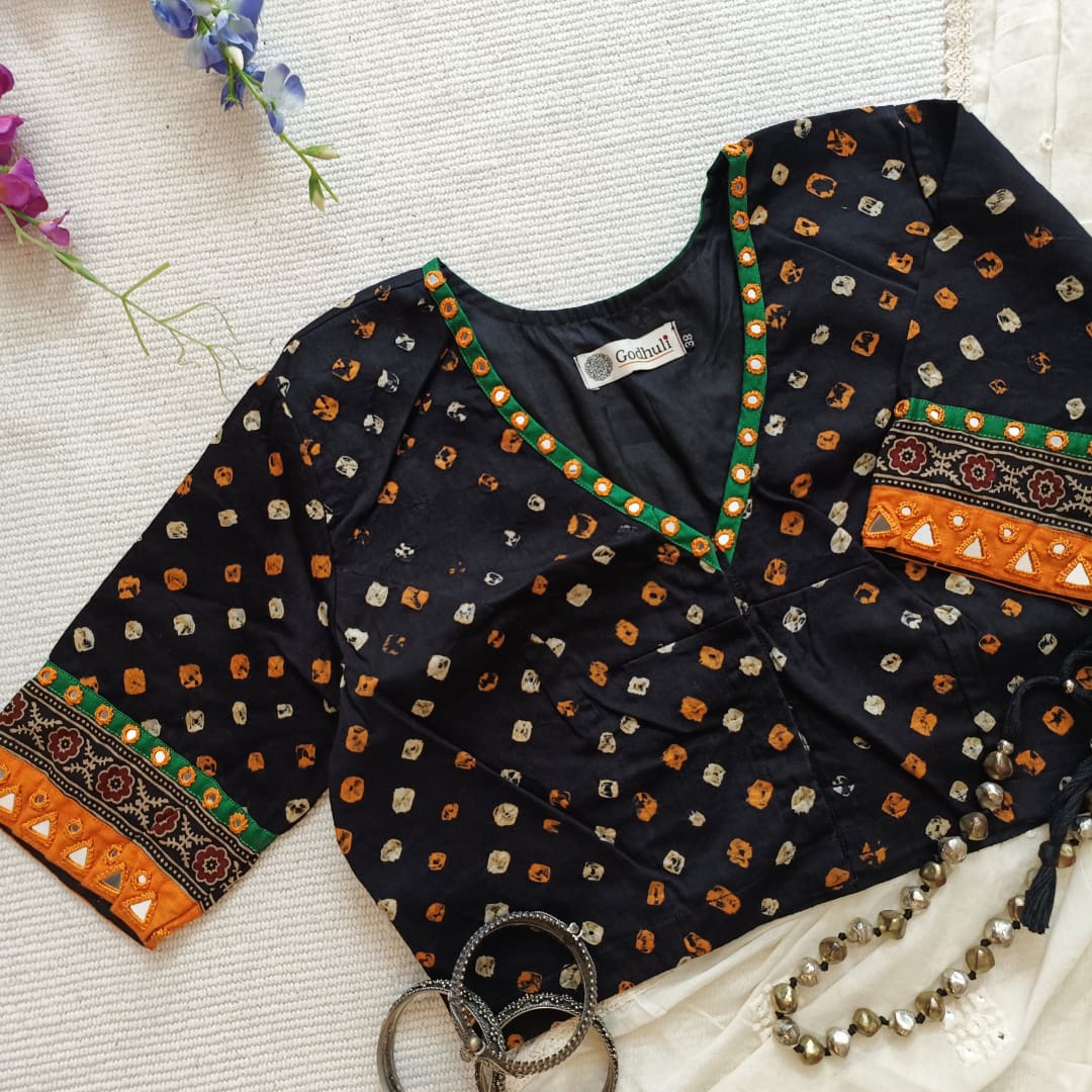 Jade Black Bandhani Readymade Blouse with Mirror Work | Godhuli