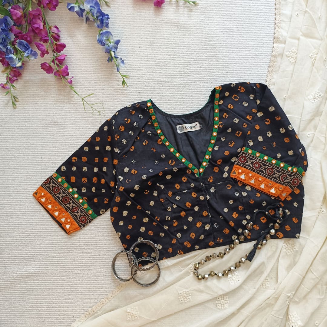 Jade Black Bandhani Readymade Blouse with Mirror Work | Godhuli