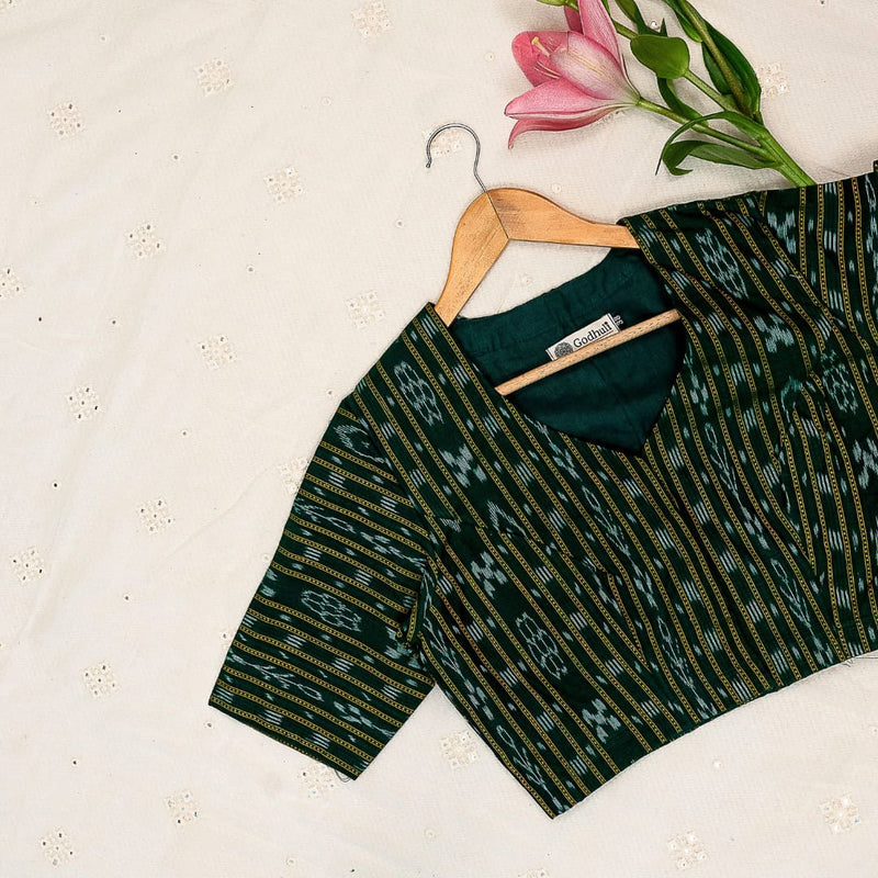 Leaf Green Mercerised Ikat Readymade Blouse | Godhuli