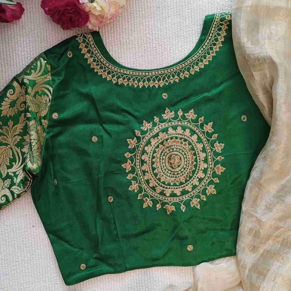 Leaf Green Silk Brocade Sleeves Aari Work Readymade Blouse | Godhuli