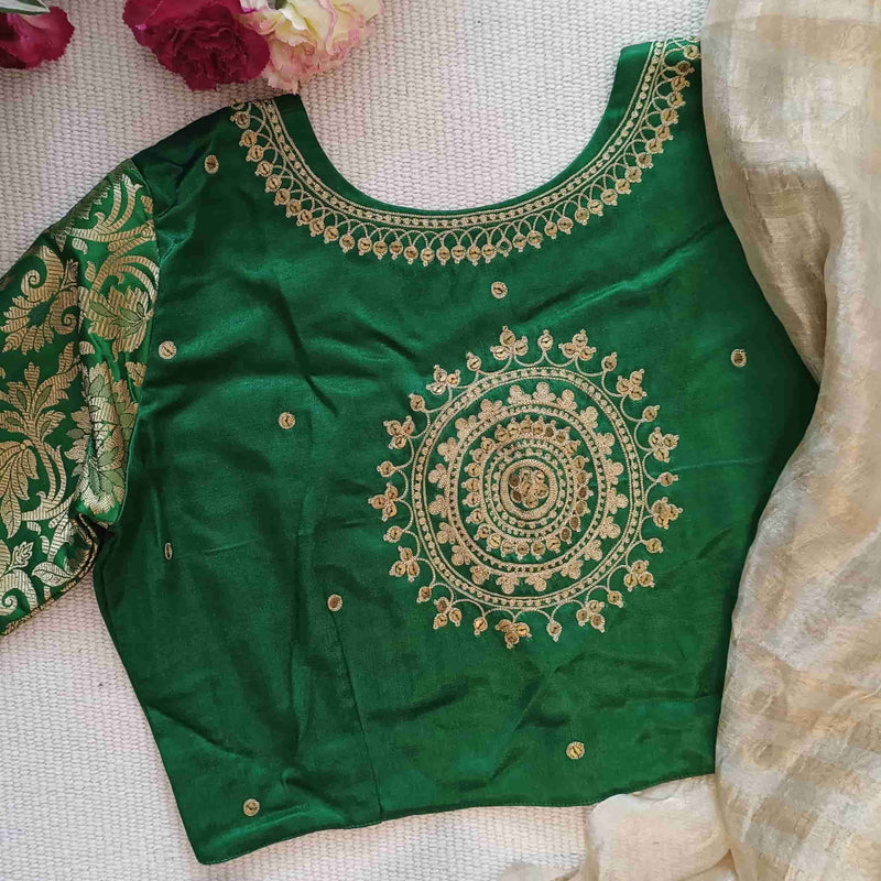 Leaf Green Silk Brocade Sleeves Aari Work Readymade Blouse | Godhuli
