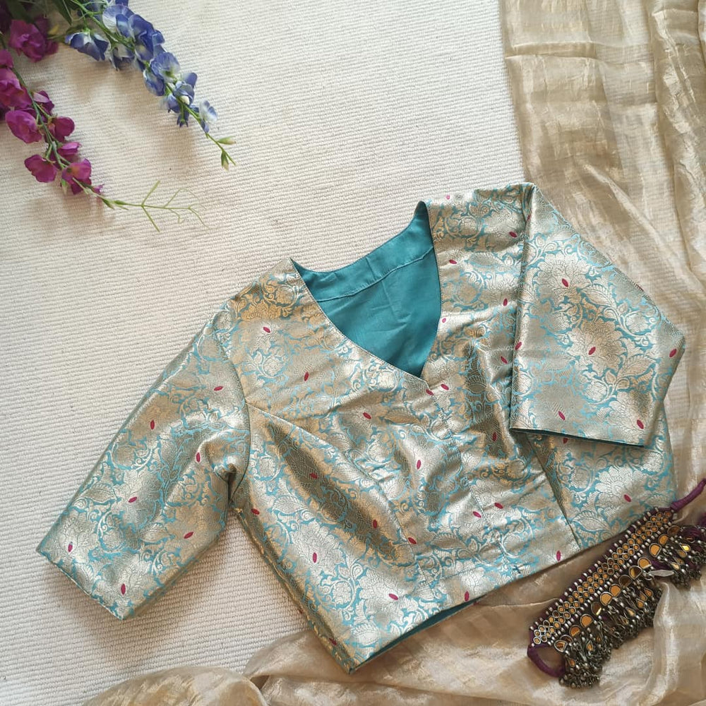Light Blue Banarasi Brocade Readymade Blouse | Godhuli