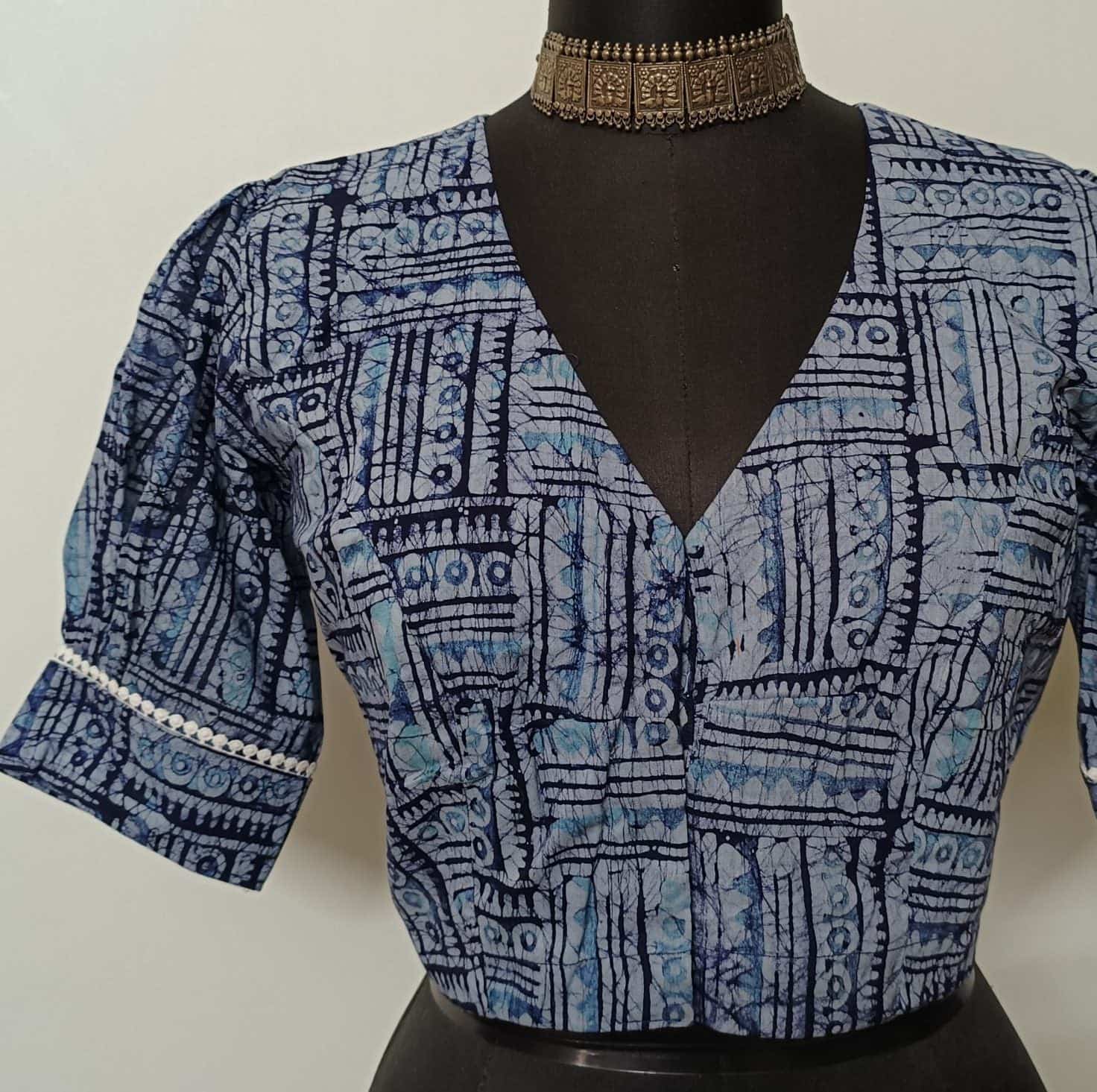 Light Blue Batik Print Readymade Blouse | Godhuli