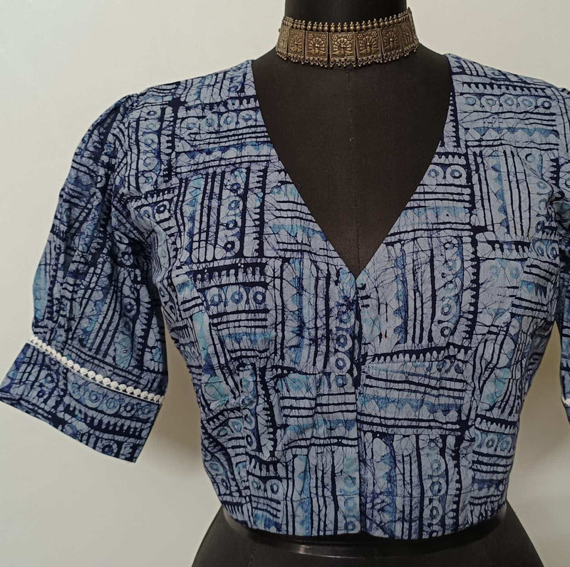 Light Blue Batik Print Readymade Blouse | Godhuli