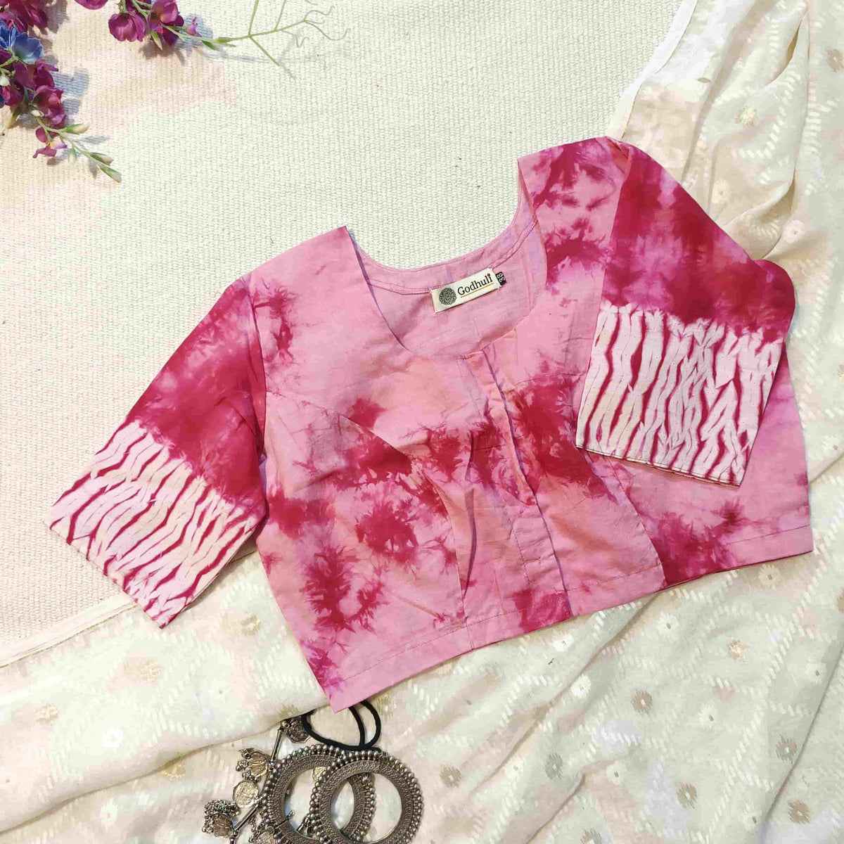 Light Pink Shibori Readymade Blouse | Godhuli