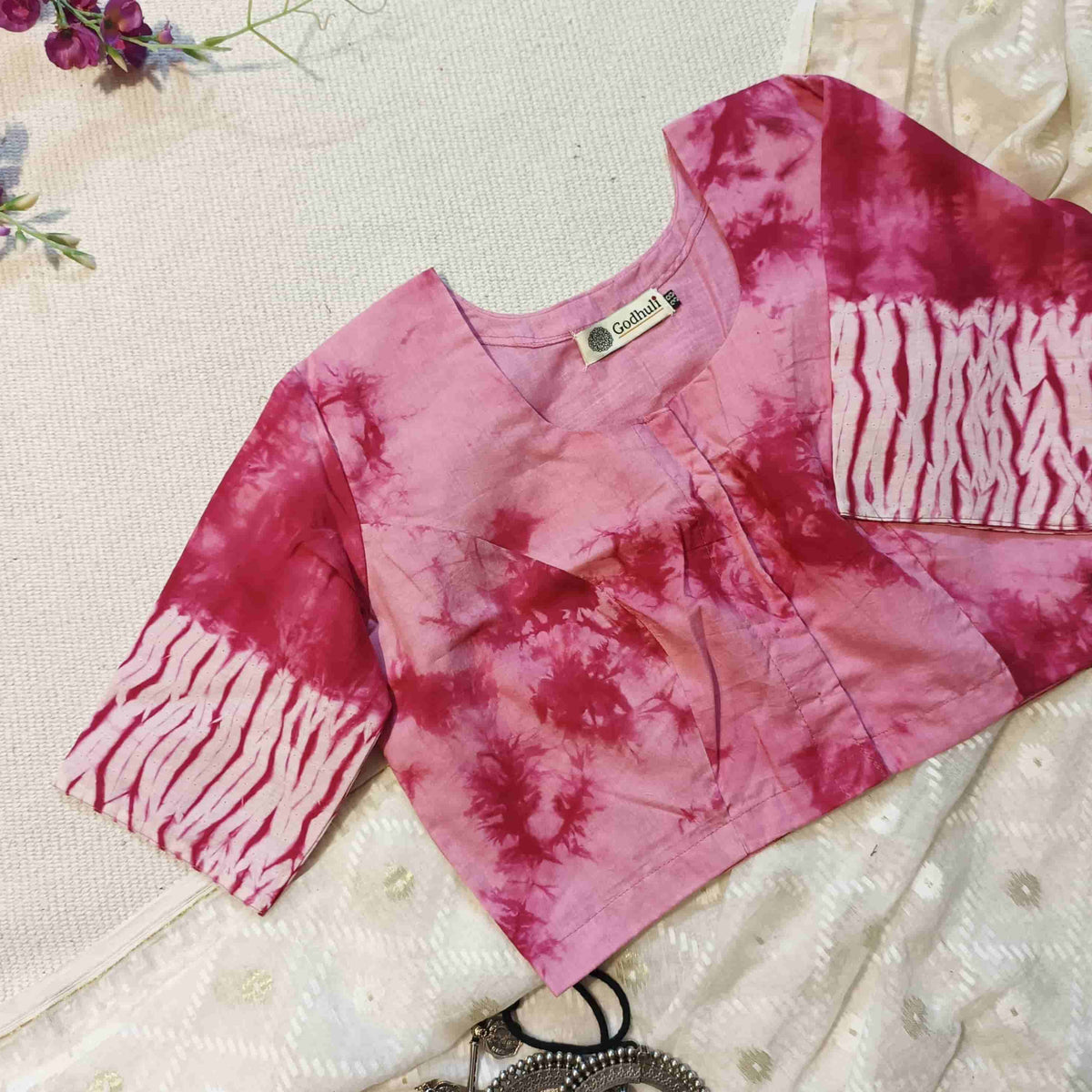 Light Pink Shibori Readymade Blouse | Godhuli