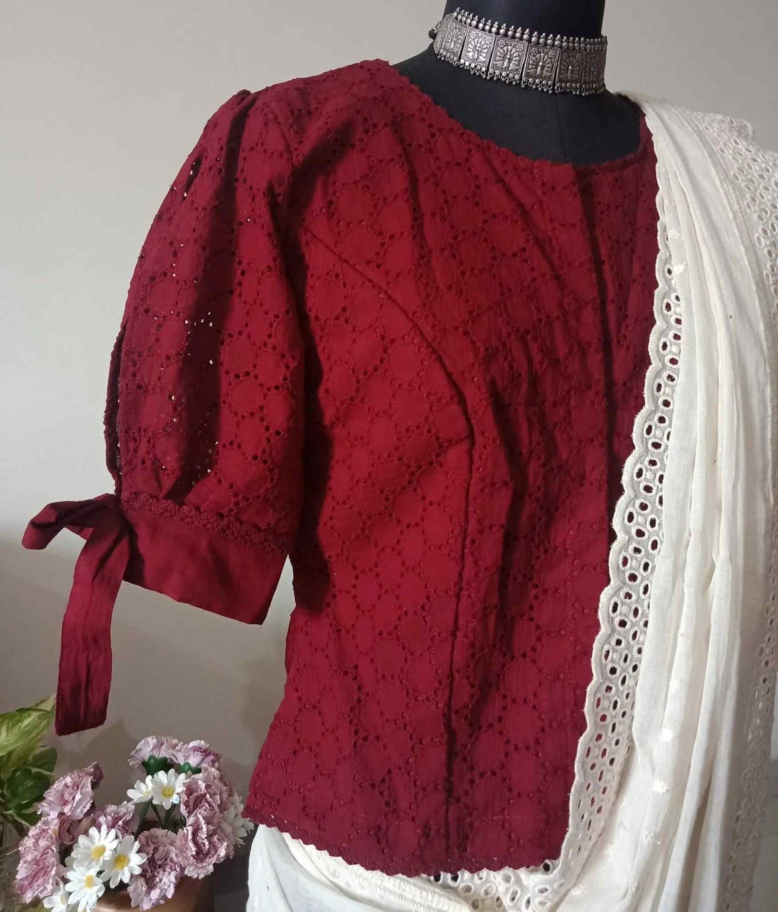 Maroon Cut Work Long Readymade Blouse | Godhuli