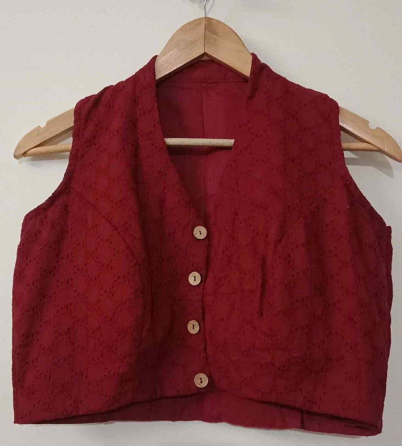 Maroon Cut Work Sleeveless Readymade Blouse | Godhuli
