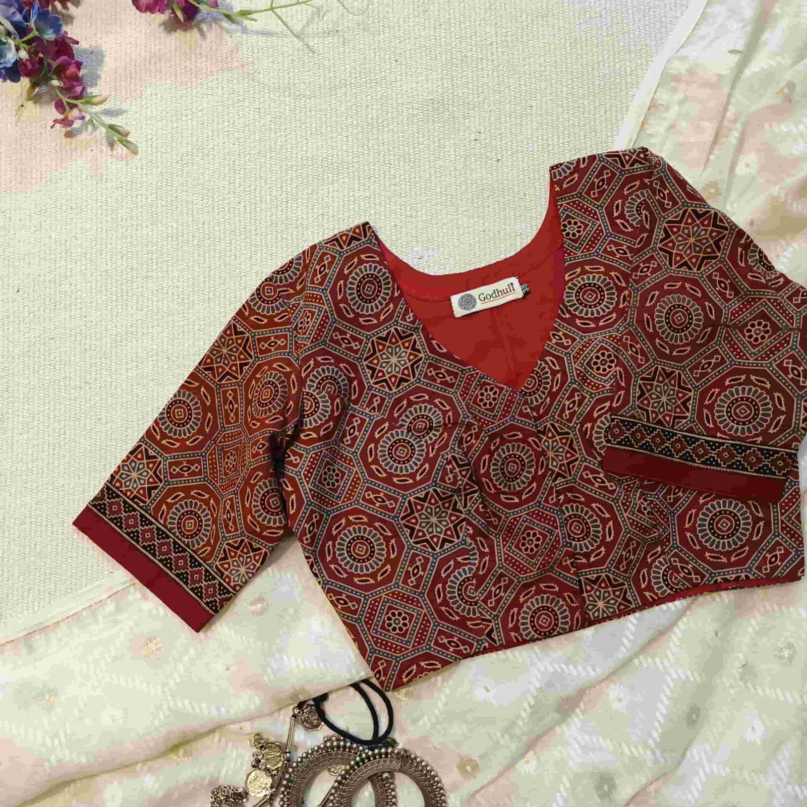Maroon Ajrakh Readymade Blouse with Sleeves | Godhuli