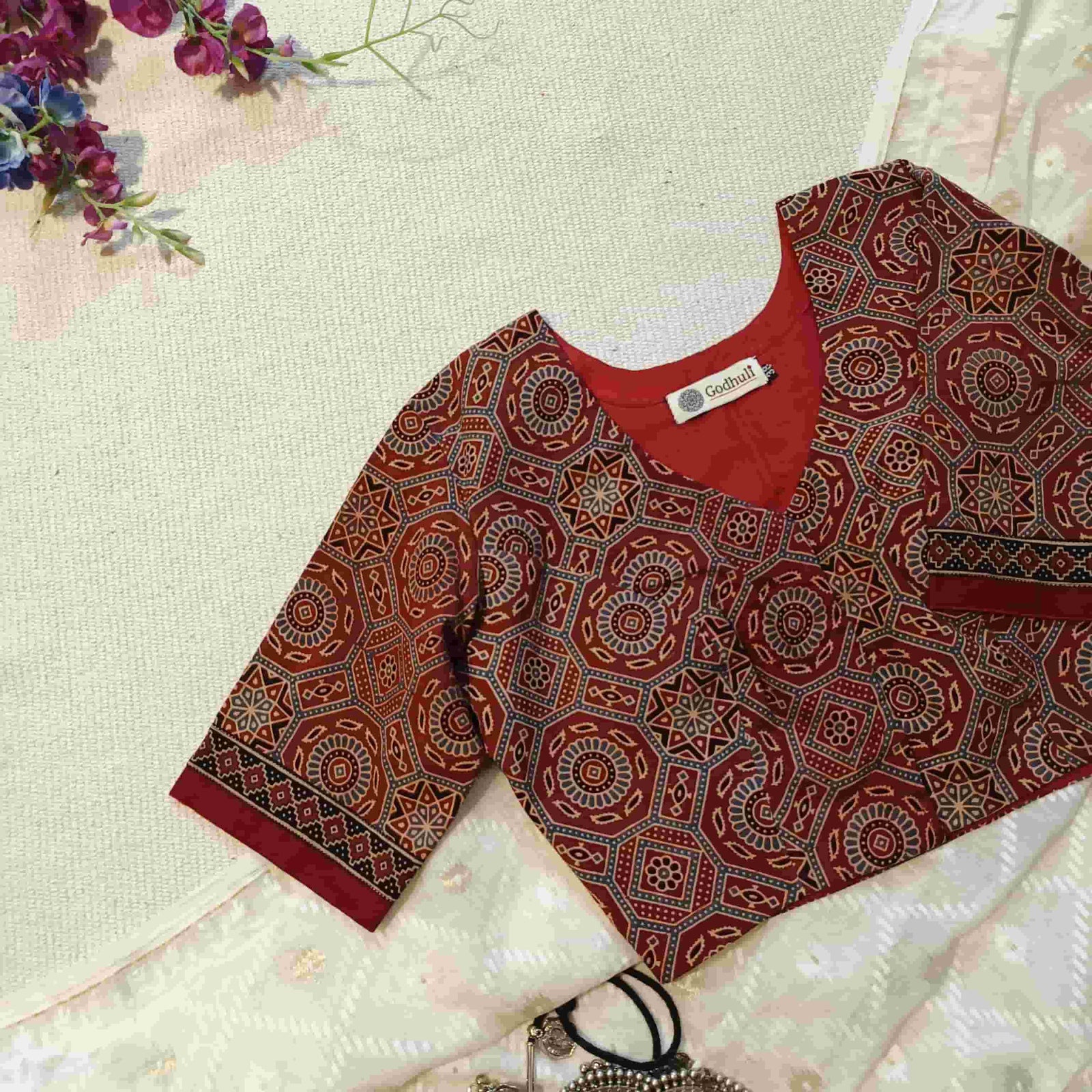 Maroon Ajrakh Readymade Blouse with Sleeves | Godhuli