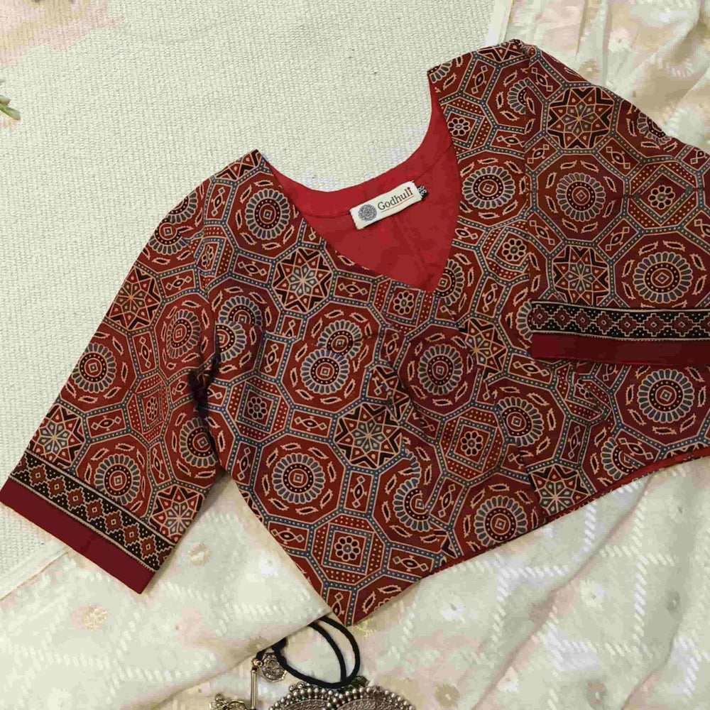 Maroon Ajrakh Readymade Blouse with Sleeves | Godhuli