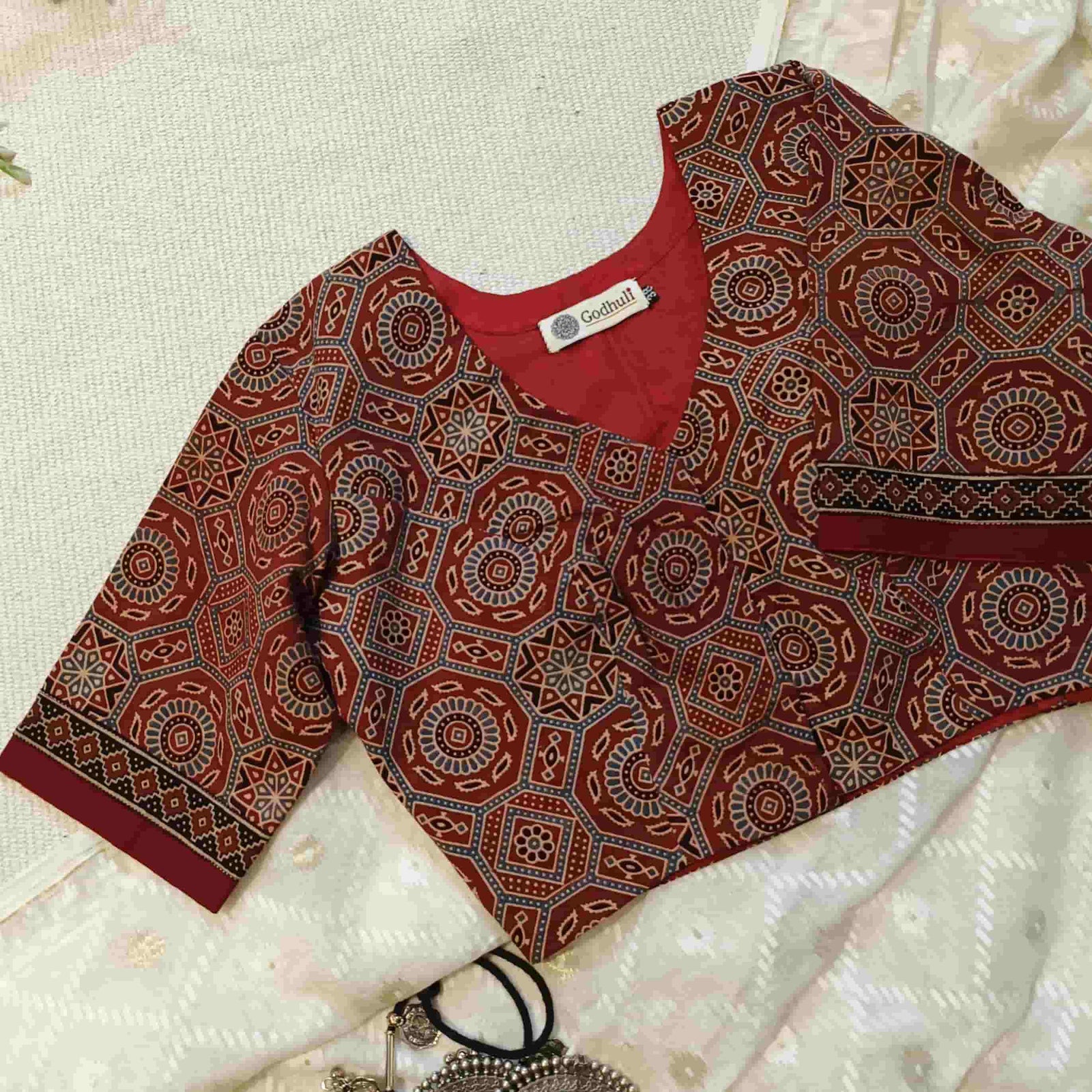Maroon Ajrakh Readymade Blouse with Sleeves | Godhuli