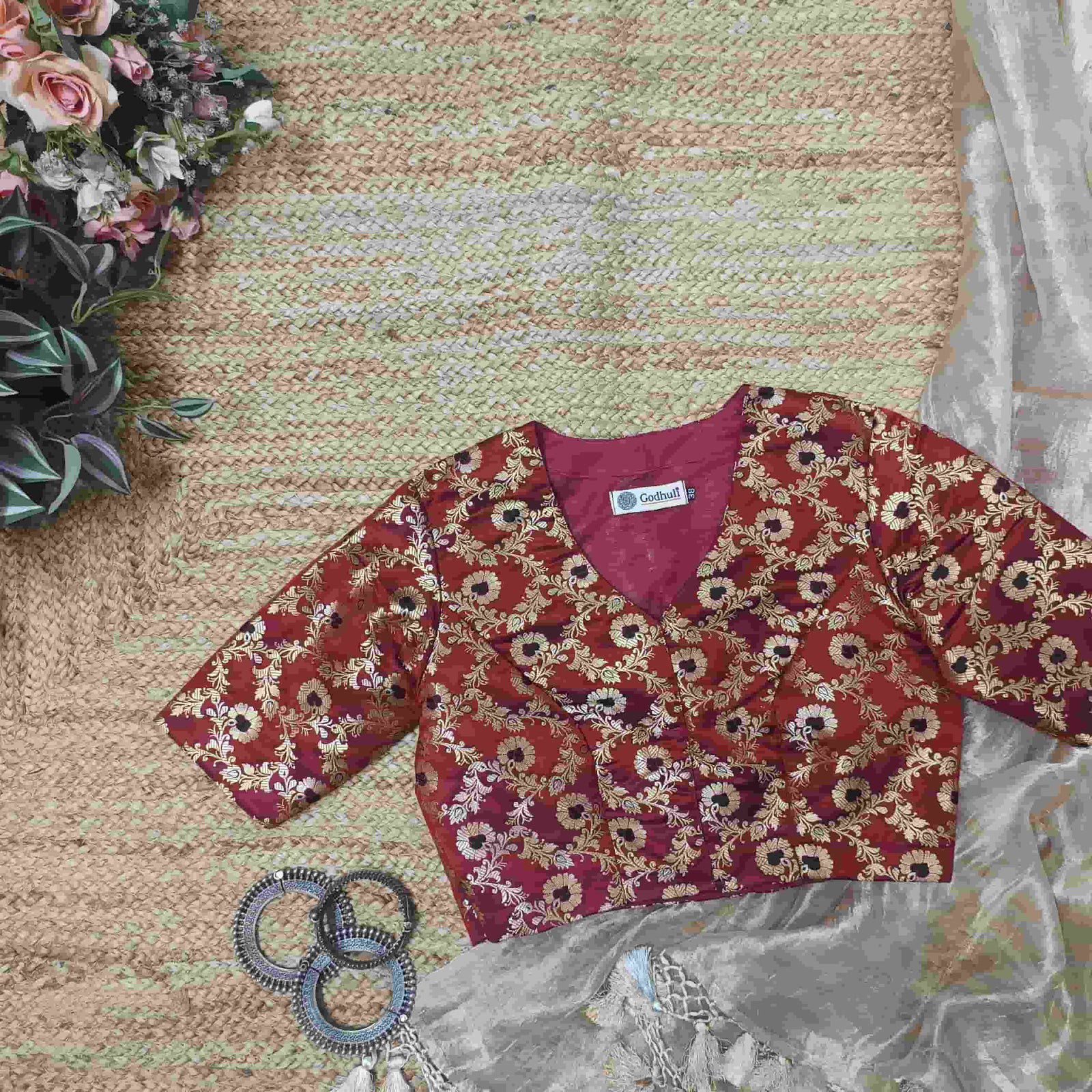 Maroon Black Banarasi Brocade Readymade Blouse | Godhuli