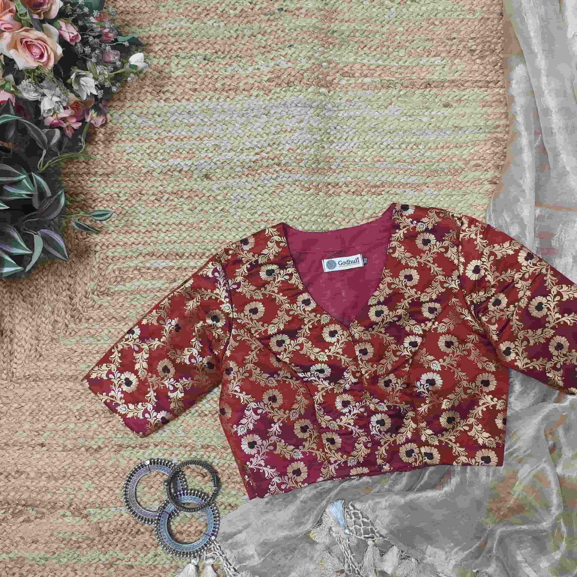 Maroon Black Banarasi Brocade Readymade Blouse | Godhuli