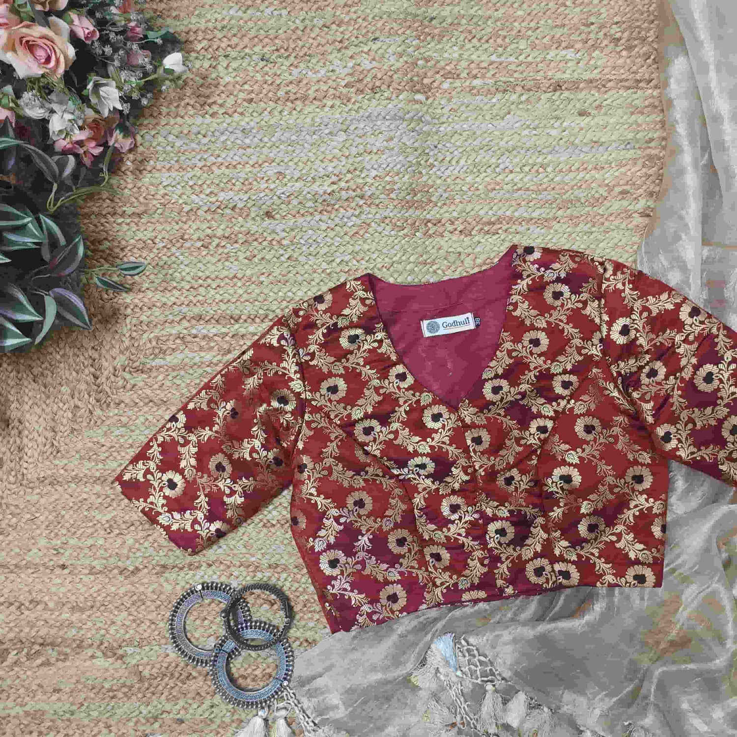 Maroon Black Banarasi Brocade Readymade Blouse | Godhuli