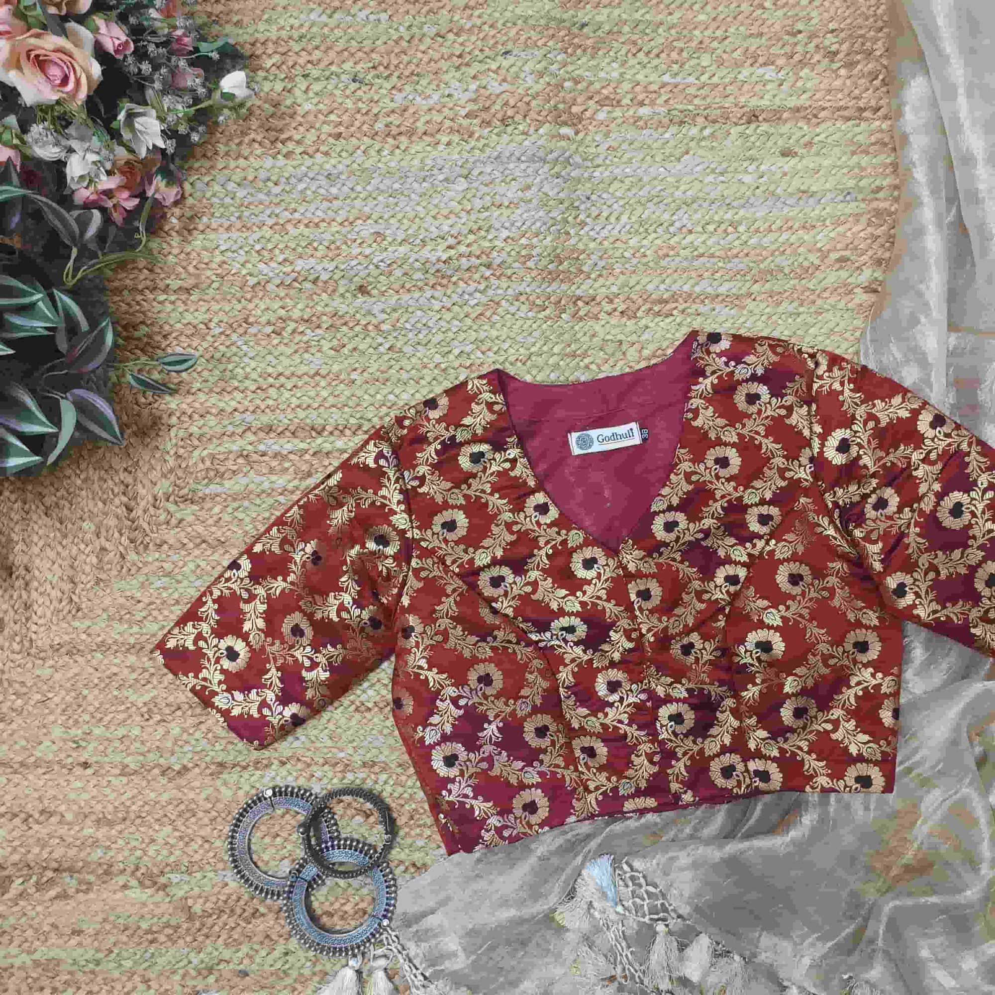 Maroon Black Banarasi Brocade Readymade Blouse | Godhuli