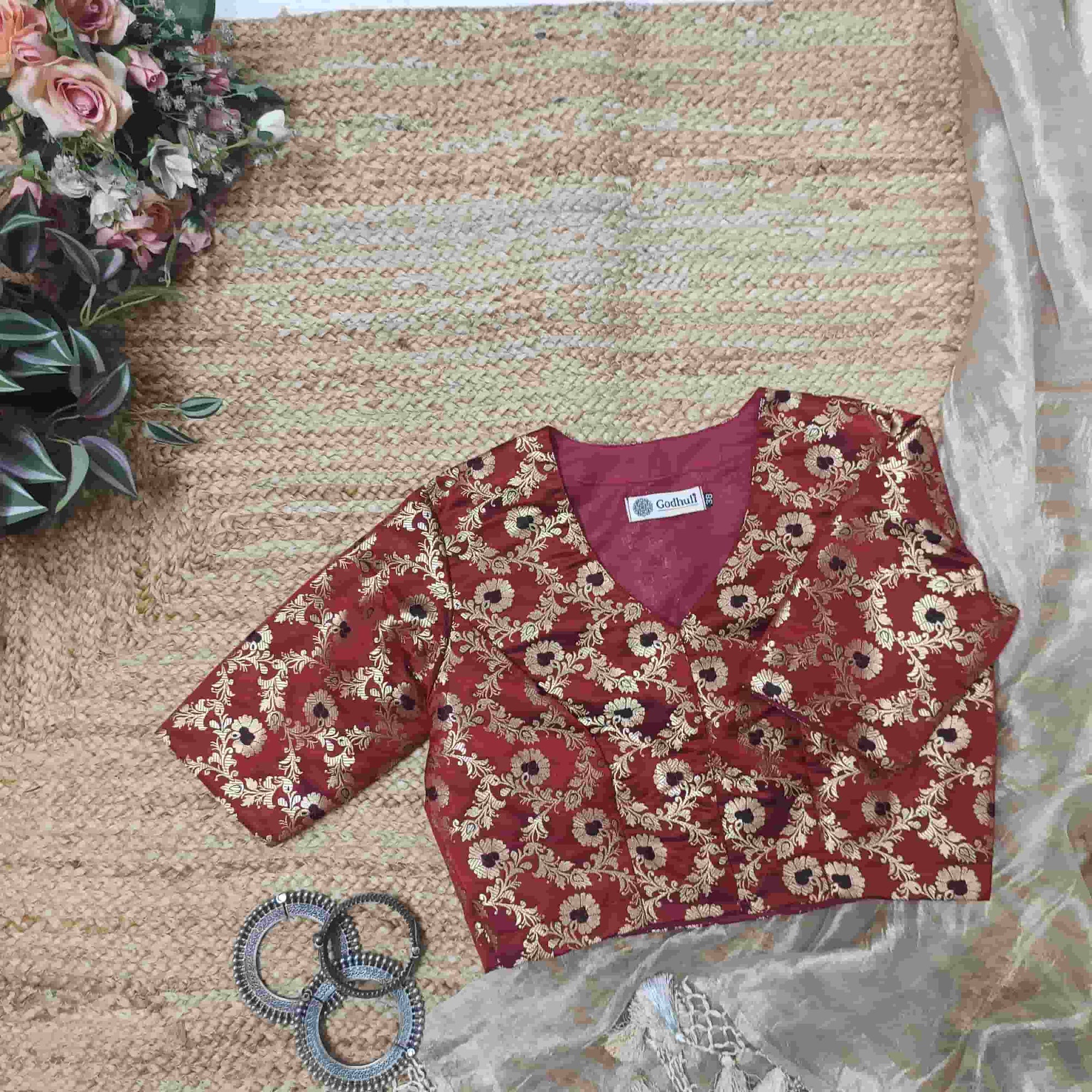 Maroon Black Banarasi Brocade Readymade Blouse | Godhuli