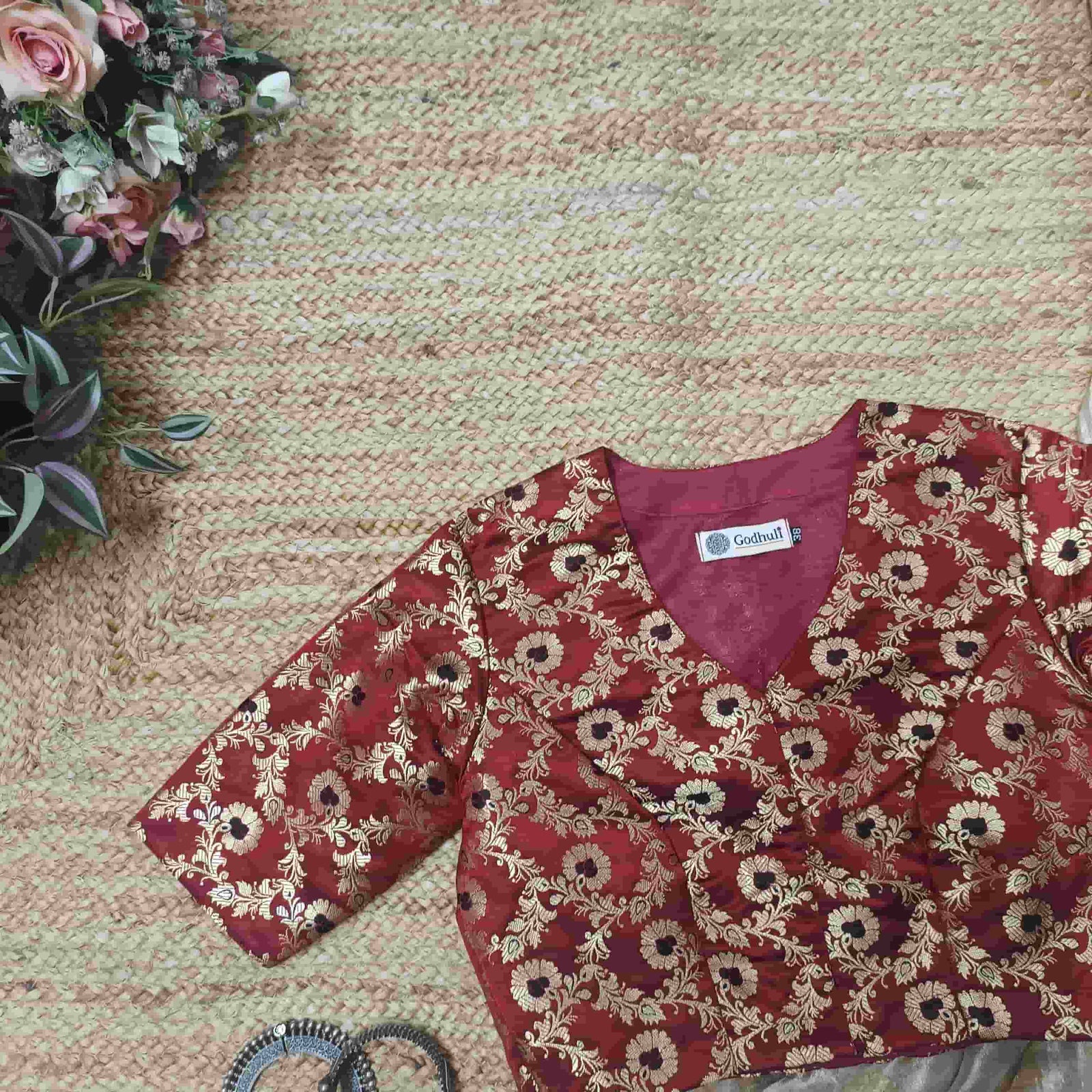 Maroon Black Banarasi Brocade Readymade Blouse | Godhuli