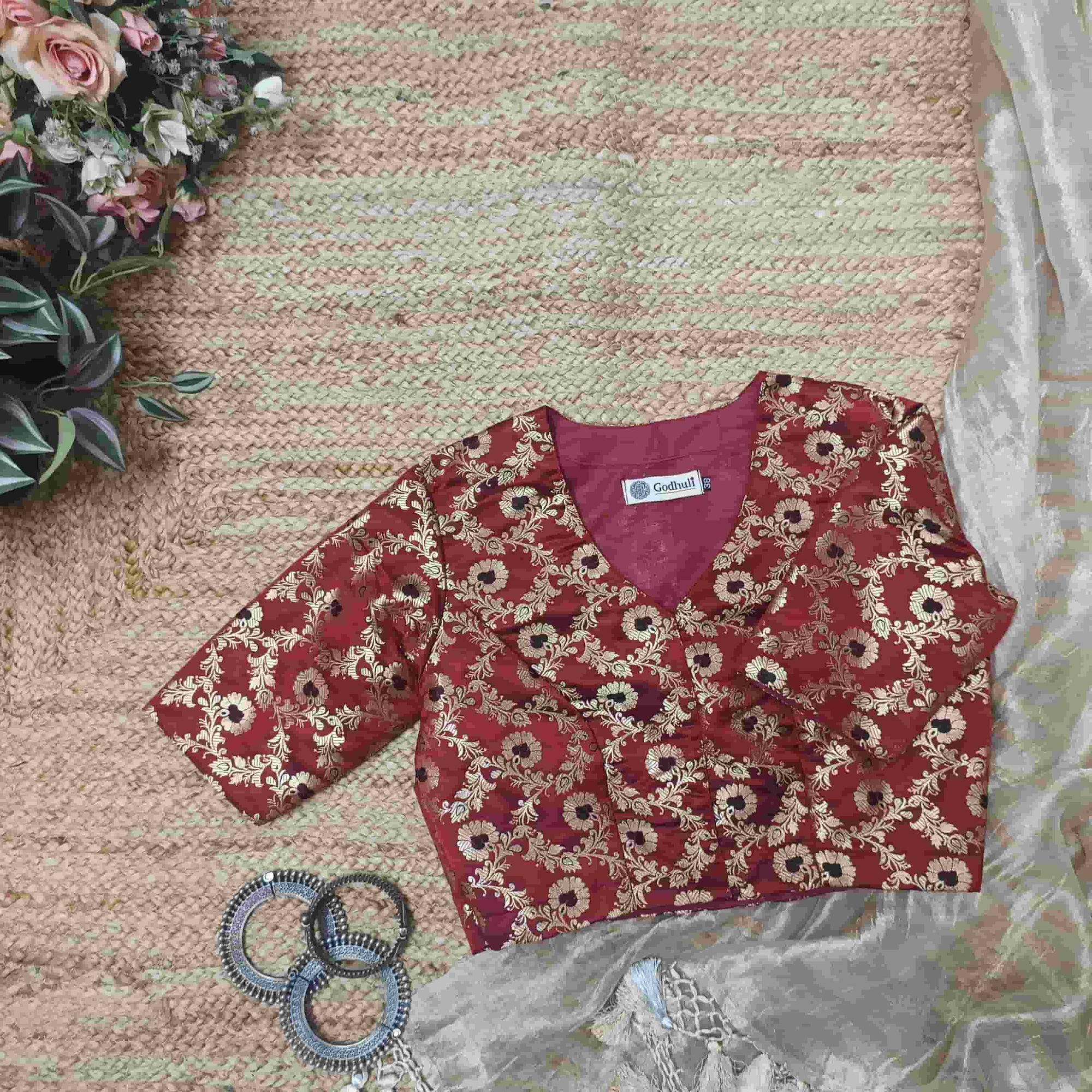 Maroon Black Banarasi Brocade Readymade Blouse | Godhuli