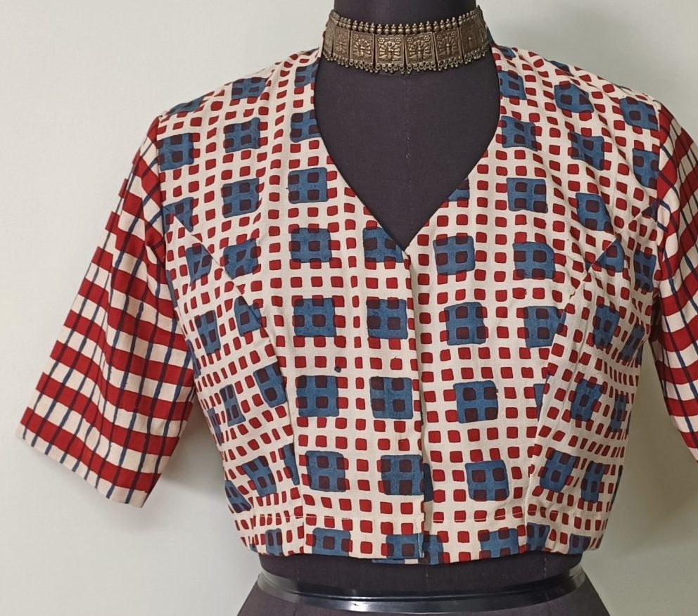 Buy Maroon Dabu Blouse with Checkered Patchwork Sleeves | Godhuli
