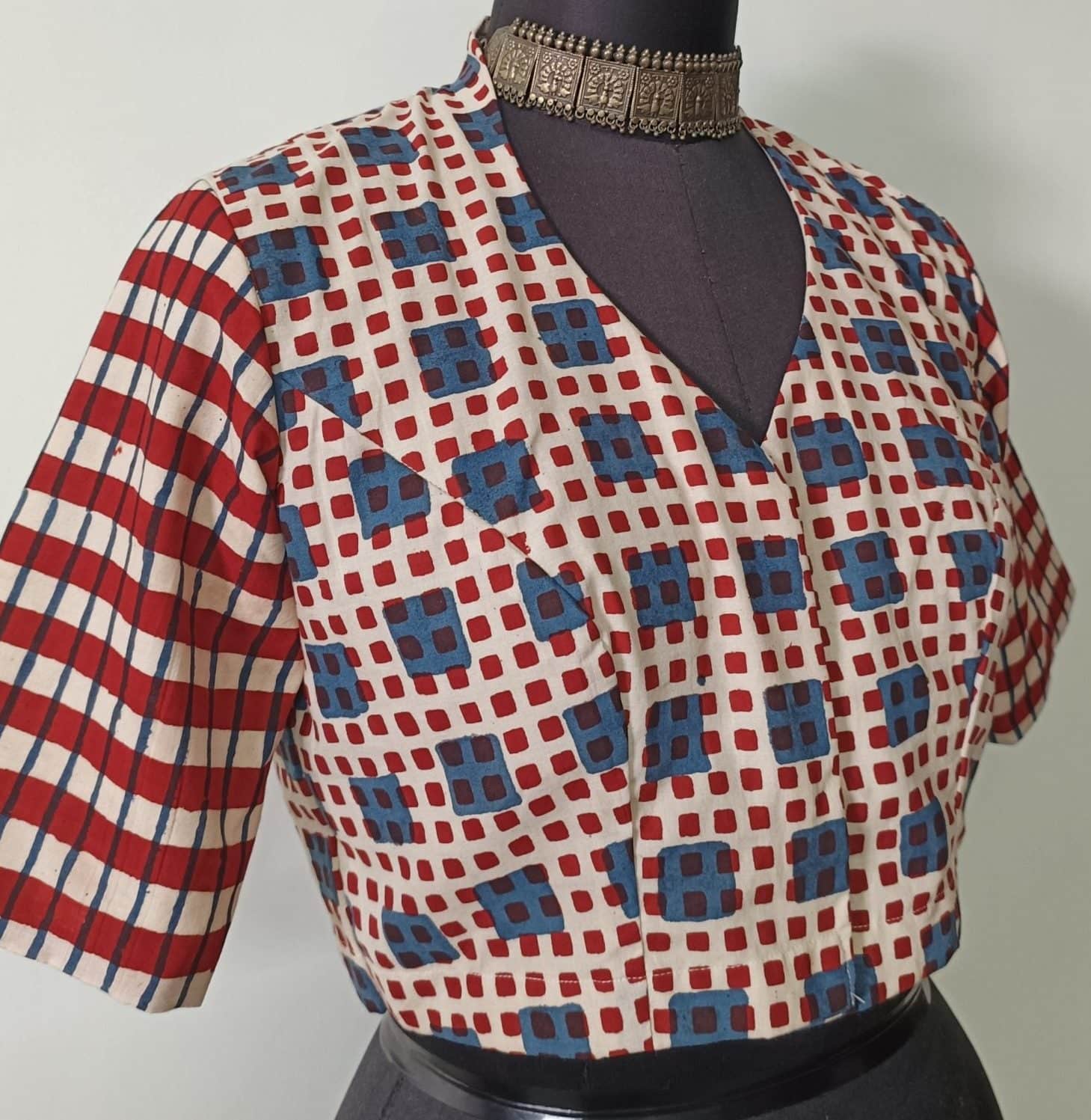 Buy Maroon Dabu Blouse with Checkered Patchwork Sleeves | Godhuli