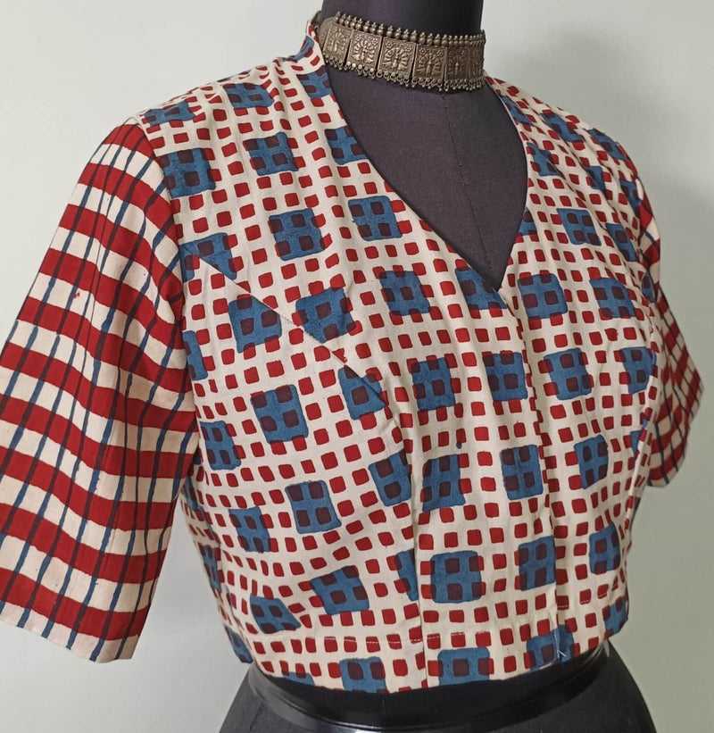 Buy Maroon Dabu Blouse with Checkered Patchwork Sleeves | Godhuli