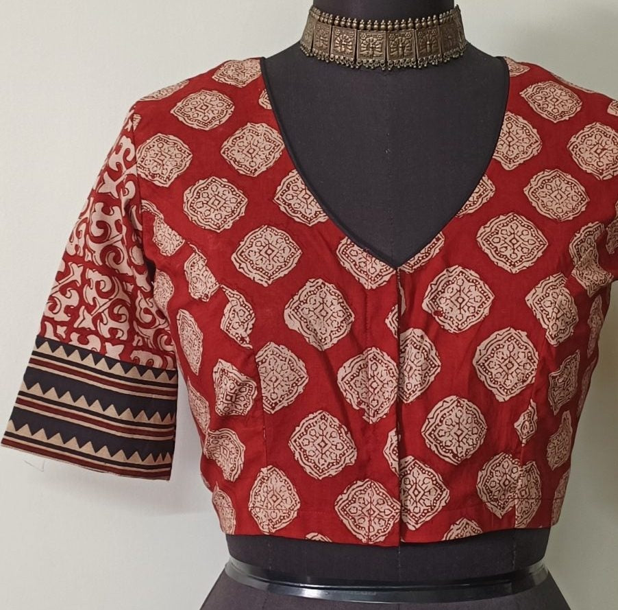 Maroon Dabu Print Readymade Blouse with Maroon Patchwork Sleeves | Godhuli