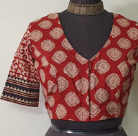 Maroon Dabu Print Readymade Blouse with Maroon Patchwork Sleeves | Godhuli