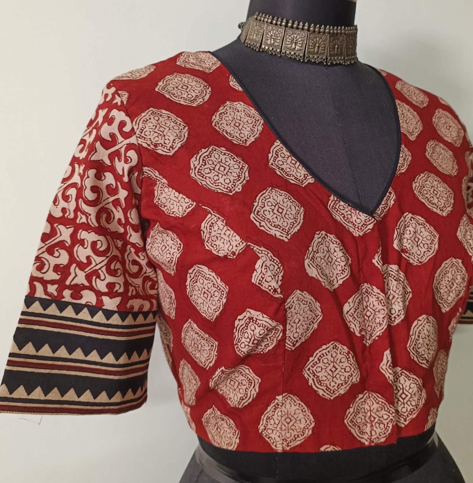 Maroon Dabu Print Readymade Blouse with Maroon Patchwork Sleeves | Godhuli