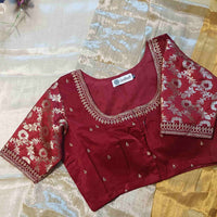 Maroon Gaji Silk Brocade Sleeves Aari Work Readymade Blouse | Godhuli