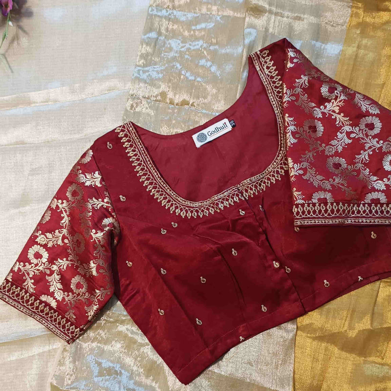 Maroon Gaji Silk Brocade Sleeves Aari Work Readymade Blouse | Godhuli